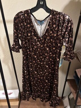 CeCe Velvet Black Floral V-Neck Midi Dress with Pink Accents